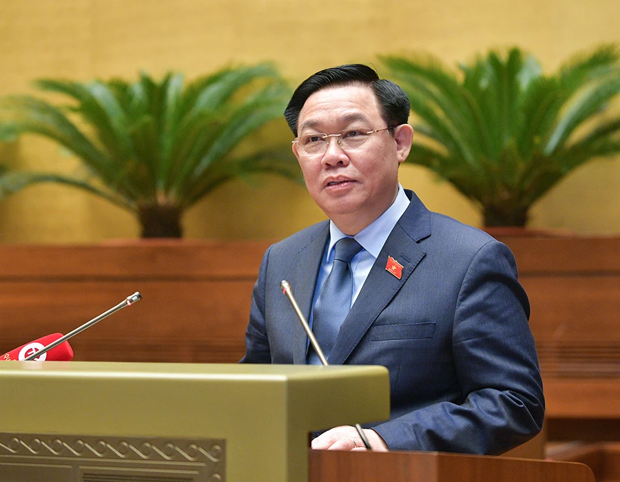 Chủ tịch Quốc hội Vương Đình Huệ phát biểu chỉ đạo tại phiên họp giả định. Ảnh: QH