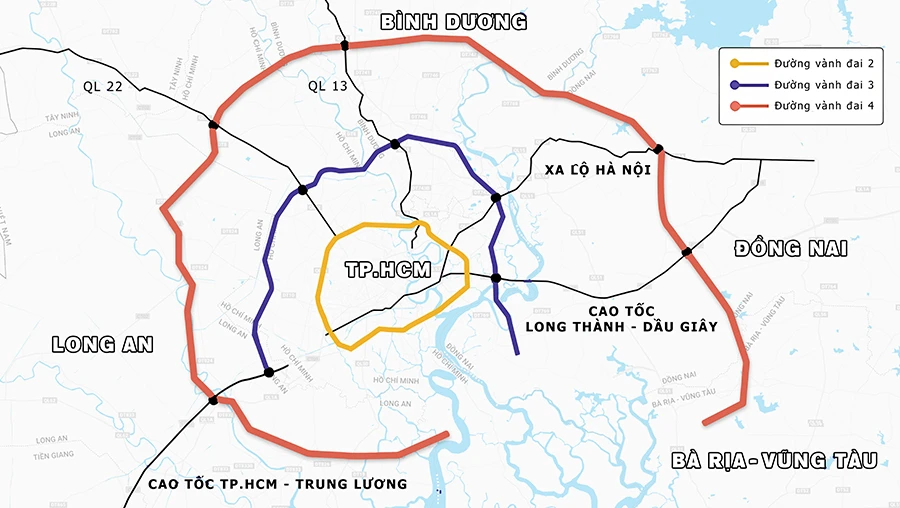 Sơ đồ các đường vành đai 4, vành đai 3 và vành đai 2 TP.HCM. Đồ họa: MINH HIẾU - ĐÀO TRANG