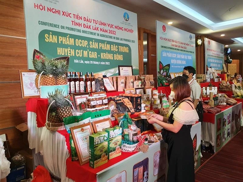 Nhiều gian hàng trưng bày sản phẩm nông nghiệp Đắk Lắk. Ảnh QN