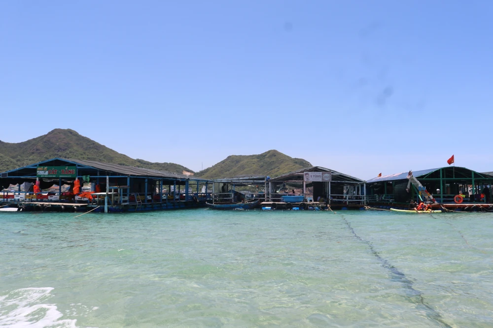 Bất chấp lệnh cấm của UBND tỉnh, loạt bè nổi trái phép ở Hòn Khô vẫn ung dung hoạt động. Ảnh QN