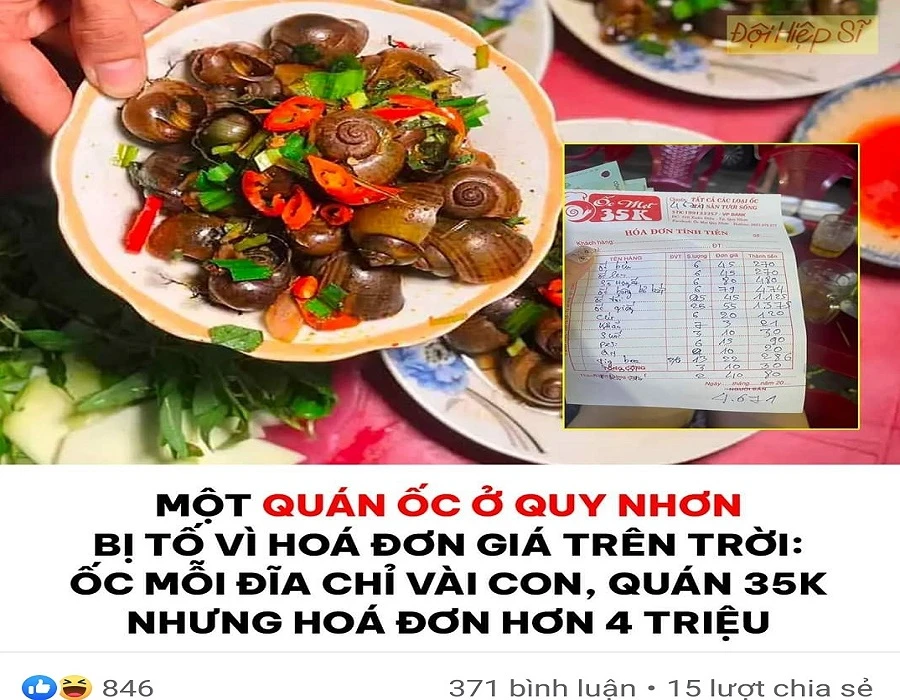 Trước đó, trên mạng xã hội có thông tin cho rằng du khách tố quán ốc ở Quy Nhơn bán giá trên trời. (Ảnh chụp màn hình)