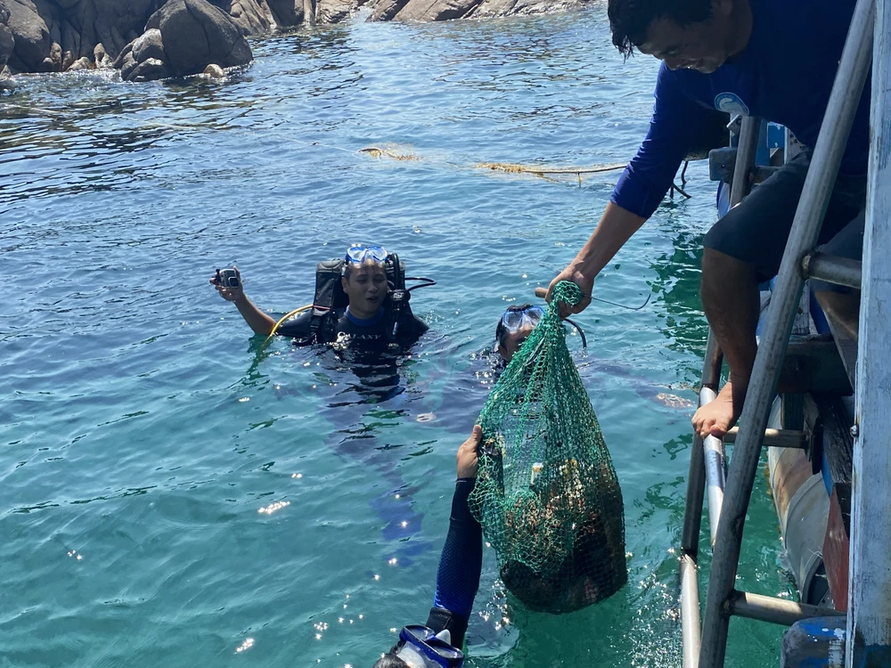 Sau hơn 2 giờ lặn vớt rác biển, các thành viên trong tổ thu gom được nhiều rác thải từ dưới đáy biển. Ảnh QN