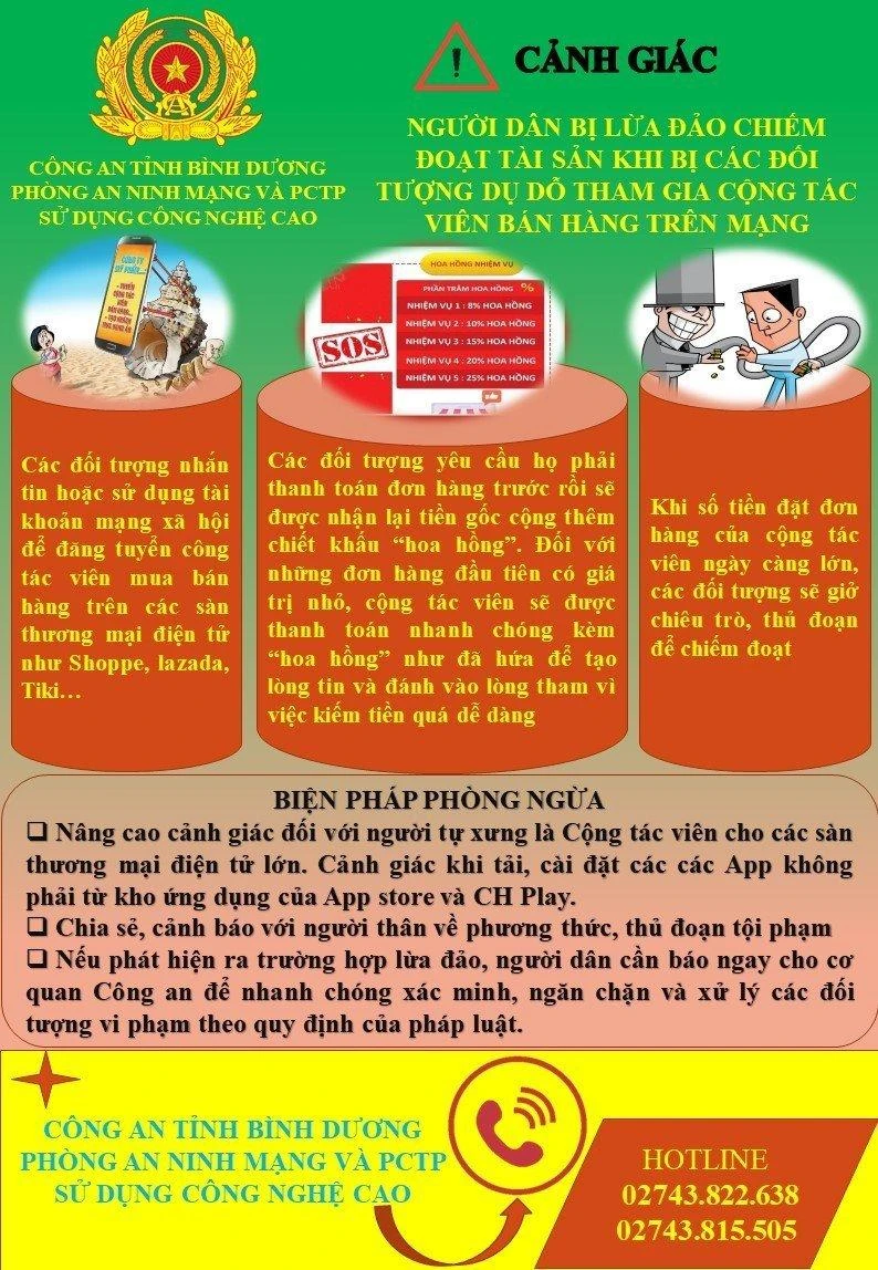 Phòng An ninh mạng và PCTP sử dụng công nghệ cao Công an tỉnh Bình Dương phát đi cảnh báo. Ảnh: CA Bình Dương