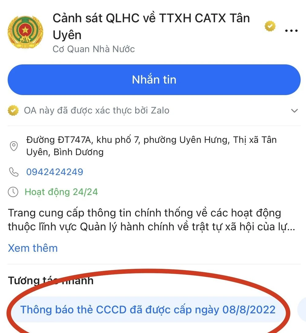 Trên các trang facebook, zalo của công an thị xã Tân Uyên cũng niêm yết danh sách những thẻ CCCD đã làm xong. Ảnh: LA