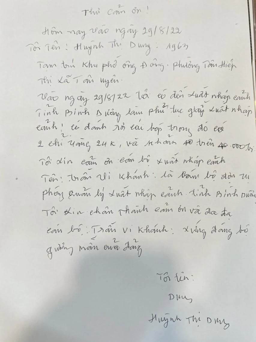 Bà Dung đã viết thư cám ơn sau khi nhận được chiếc ví bị bỏ quên. Ảnh: LA