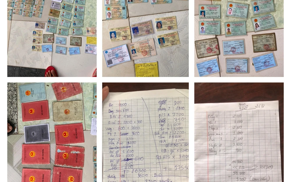 Các loại giấy tờ các nhóm tín dụng đen giữ của những người vay tiền và sổ ghi danh sách những người vay được công an thu giữ. Ảnh: CACC