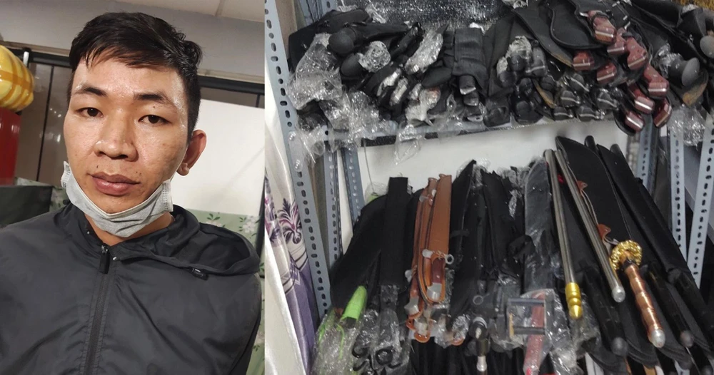 Vũ cùng số vũ khí thô sơ bị cơ quan công an bắt giữ. Ảnh: CACC