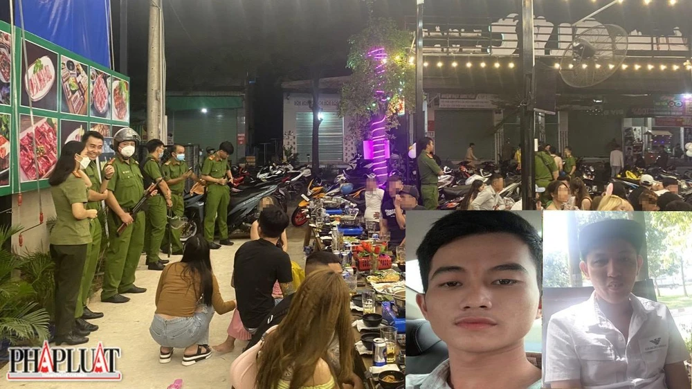 Hai thanh niên bị bắt giữ trong một quán nhậu. Ảnh: LA Hai thanh niên bị bắt giữ trong một quán nhậu. Ảnh: LA