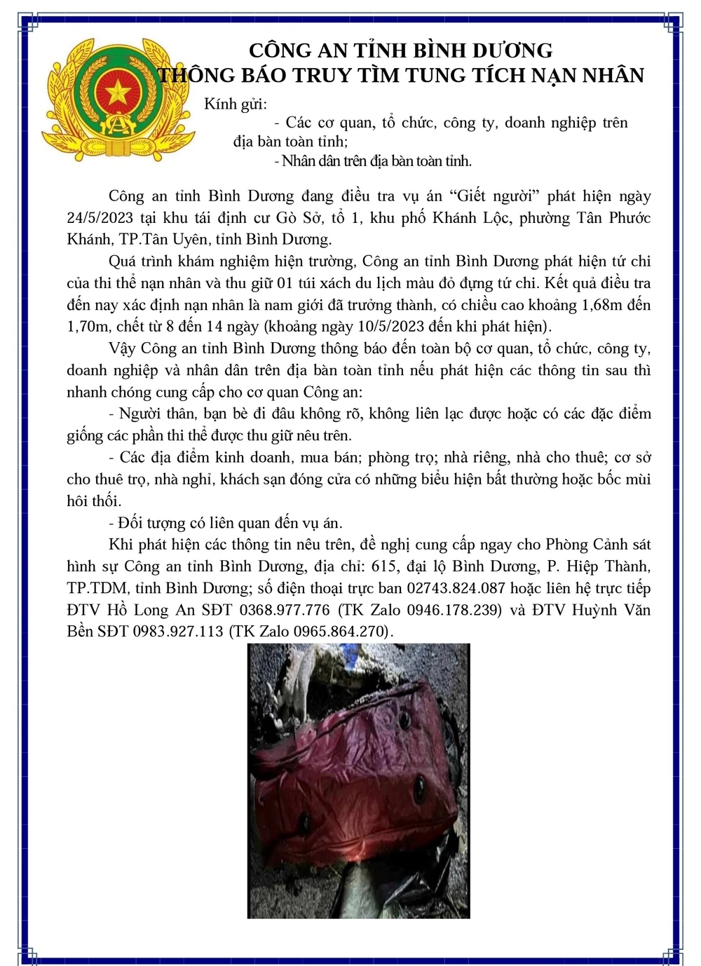 Thông báo đính chính của Công an tỉnh Bình Dương mới được phát đi. Ảnh: LA