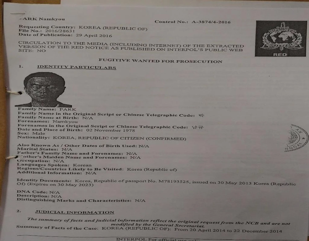 Hồ sơ truy nã "đỏ" của Park Nam Kyou