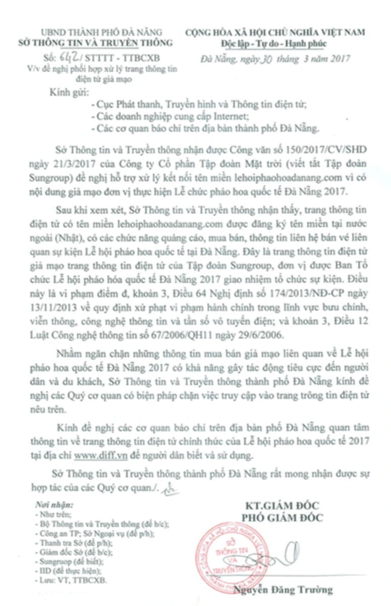 Công văn đề nghị ngăn chặn trang web giả mạo về Lễ hội pháo hoa 