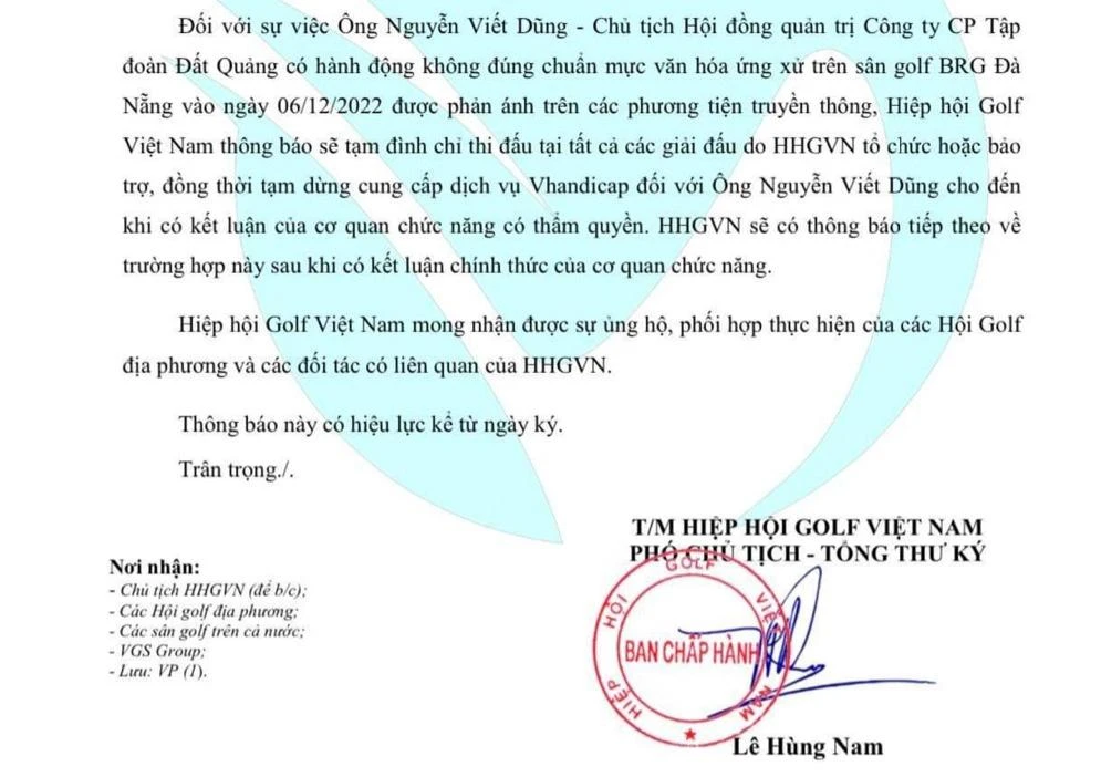 Thông báo của HHGVN. Ảnh: HA. Thông báo của HHGVN. Ảnh: HA.