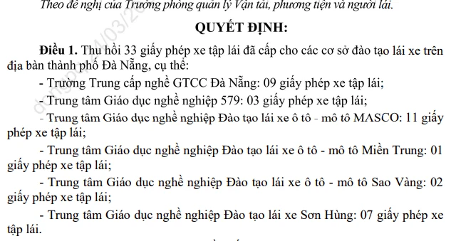 Quyết định thu hồi 33 giấy phép tập lái xe. Ảnh: HA. Quyết định thu hồi 33 giấy phép tập lái xe. Ảnh: HA.