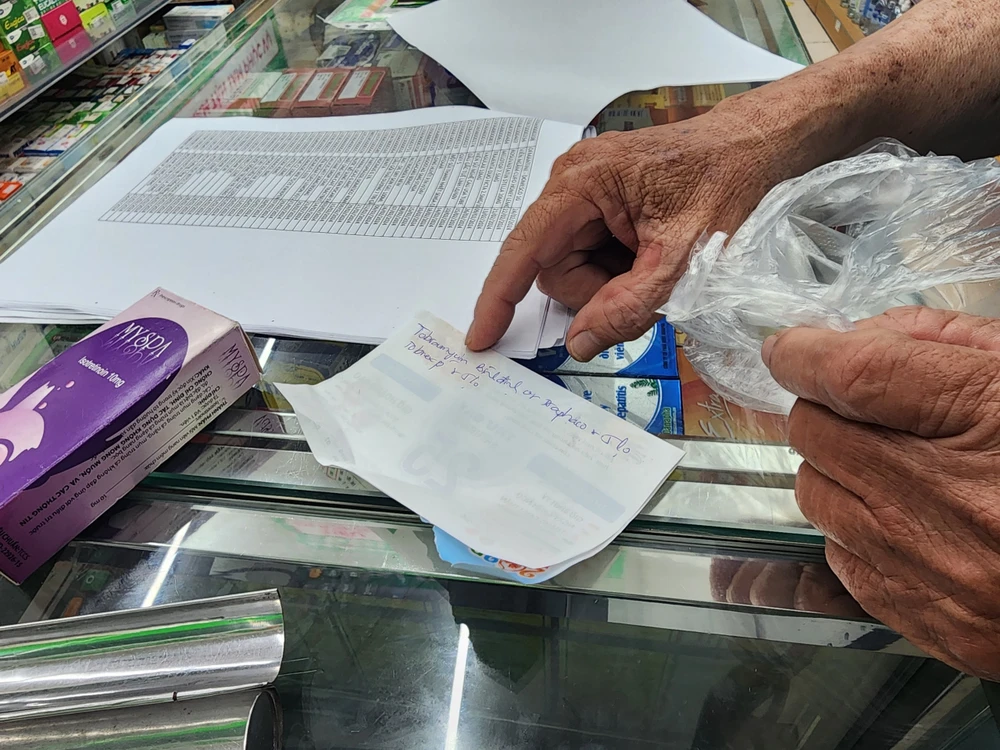 Người dân mang theo mảnh giấy ghi tên thuốc TobraDex đến cửa hàng tìm mua nhưng không có. Ảnh: MT