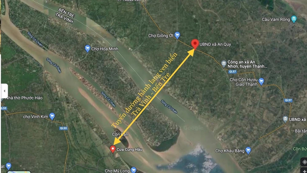 Sơ đồ minh họa tuyến đường hành lang ven biển kết nối tỉnh Bến Tre – Trà Vinh