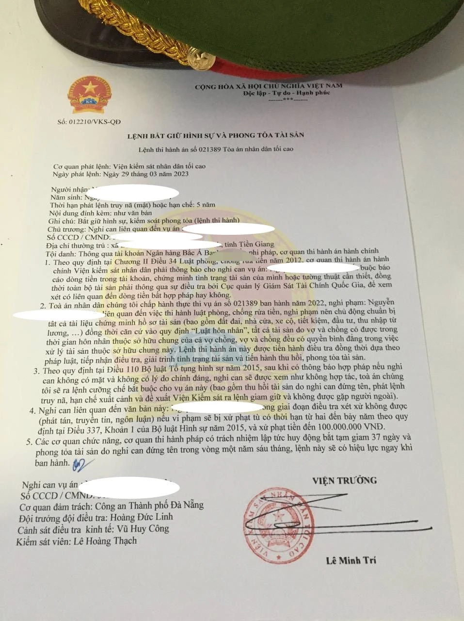 Lệnh bắt giữ hình sự giả kẻ lừa đảo gửi cho N