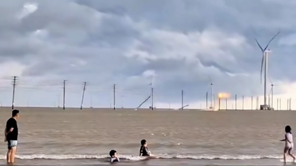 trụ điện ngã trên biển,điện gió thanh hải 1