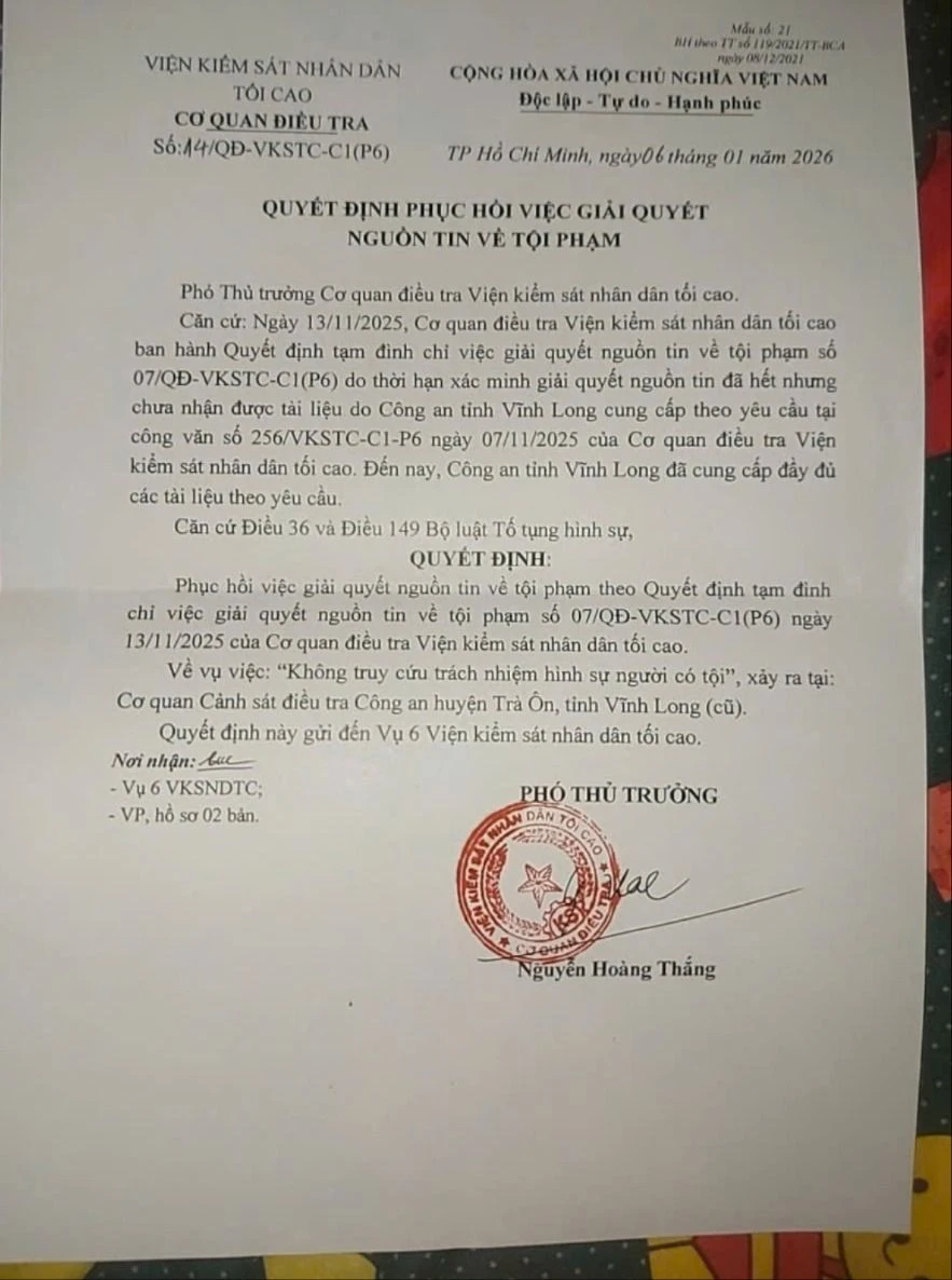 Cơ quan điều tra VKSND Tối cao đã phục hồi việc giải quyết nguồn tin về tội phạm liên quan vụ tai nạn giao thông ở Vĩnh Long