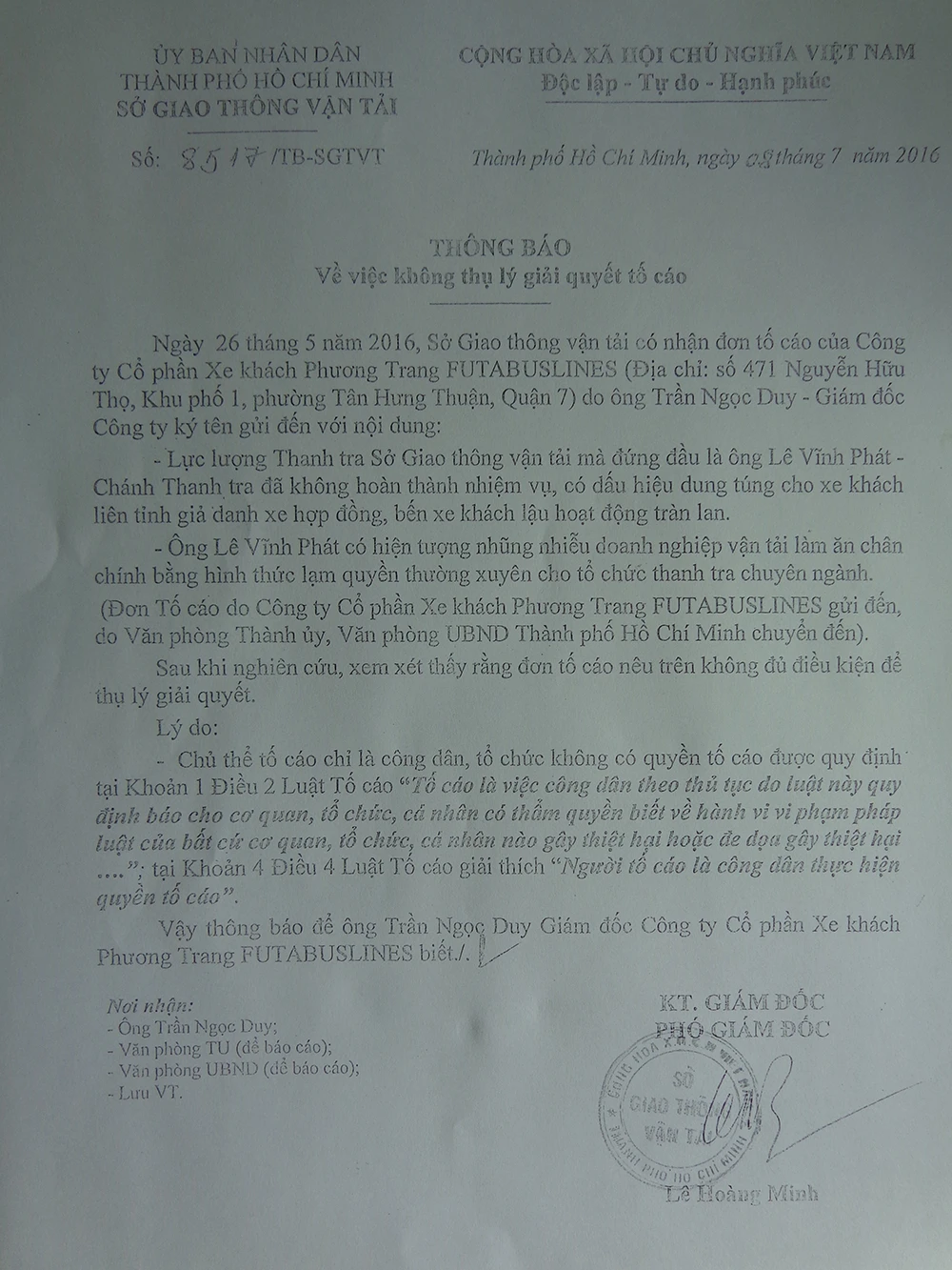 Không thụ lý đơn tố cáo chánh thanh tra Sở GTVT ảnh 1 Không thụ lý đơn tố cáo chánh thanh tra Sở GTVT ảnh 1