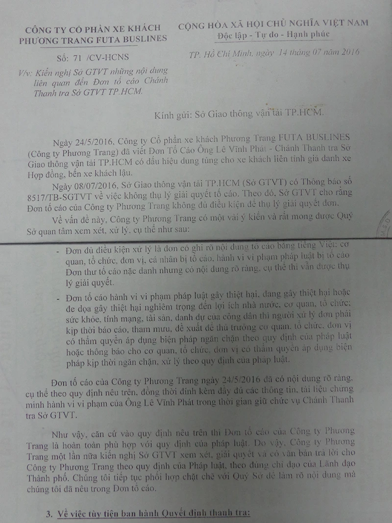 Văn bản kiến nghị của Công ty Phương Trang