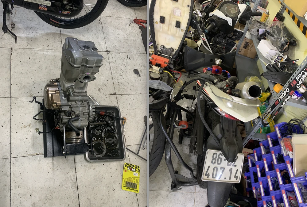 Công an phát hiện xe máy nghi "độ chế" và phụ tùng không rõ nguồn gốc ở huyện Gò Vấp. Ảnh: PC08
