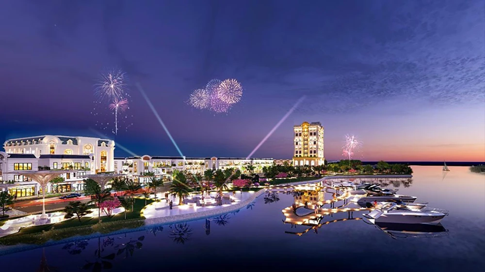 Dự án shophouse bên sông lung linh về đêm (Ảnh: Bất động sản Hoàng Bách).