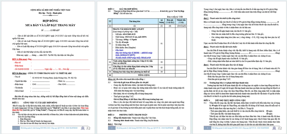 Điều khoản hợp đồng thang máy gia đình