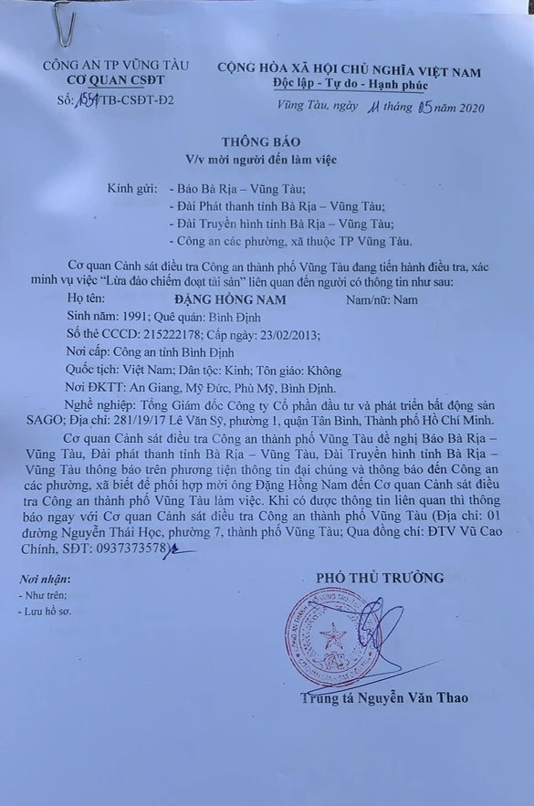 Công an Vũng Tàu mời 1 tổng giám đốc bất động sản làm việc ảnh 1