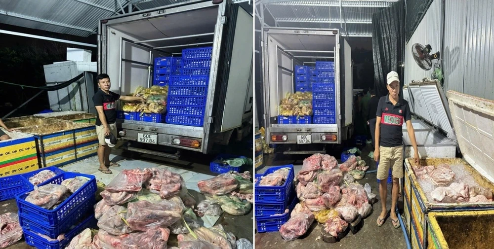 Tang vật công an thu giữ gồm heo bệnh đã đổi màu, thiếu an toàn thực phẩm
