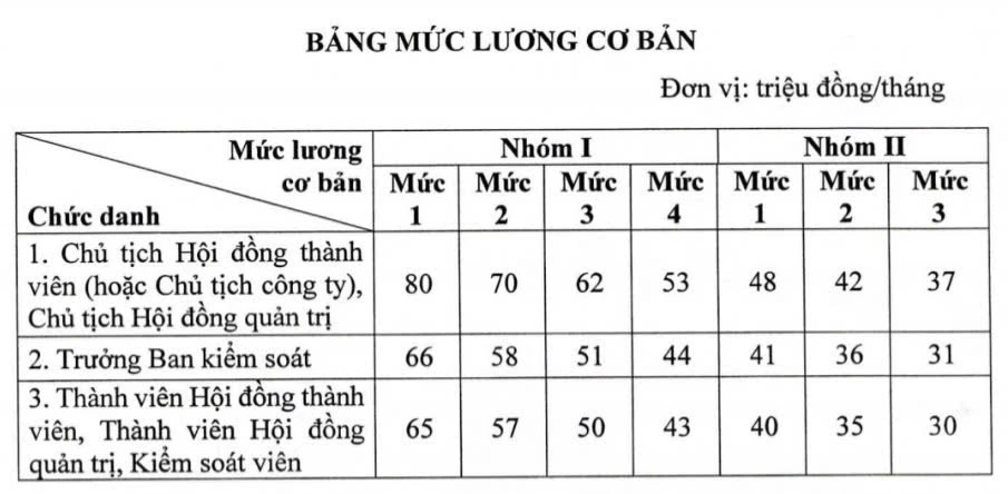 Mức lương cơ bản của thành viên hội đồng, kiểm soát viên chuyên trách là từ 30-80 triệu đồng/tháng.