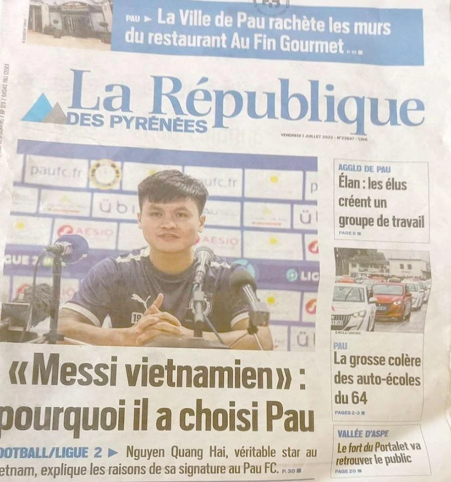 Quang Hải trên trang bìa báo Pháp La Republique Des Pyrenees.