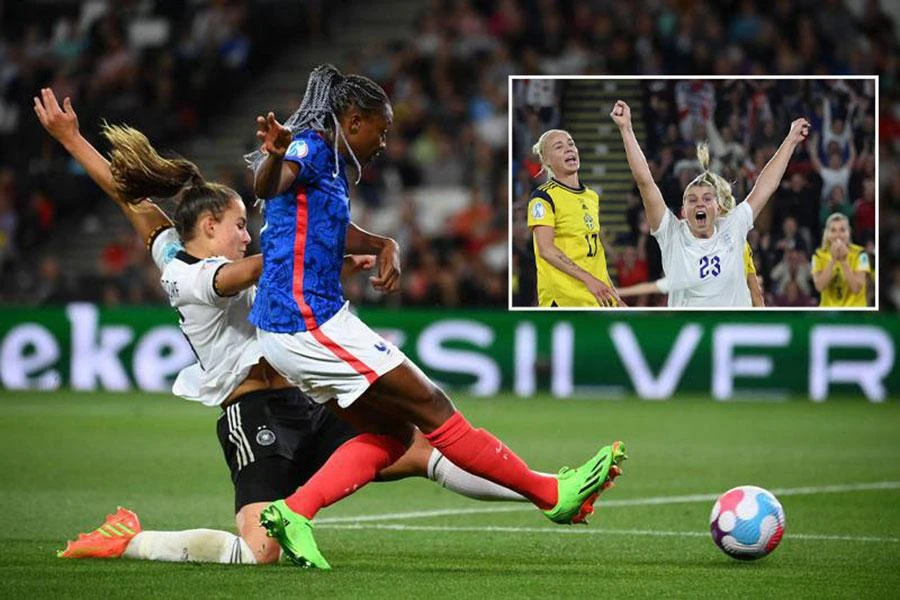 Đức trong trận thắng Pháp 2-1 (ảnh lớn), trong khi các nữ cầu thủ Anh giành chiến thắng 4-0 trước Thụy Điển. Ảnh: GETTY IMAGES