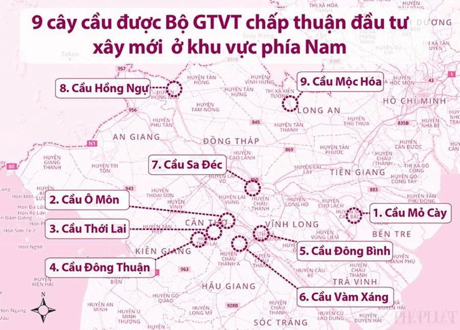 Sơ đồ vị trí chín cây cầu được Bộ GTVT xây mới giai đoạn từ nay tới năm 2025. Đồ họa: HỒ TRANG