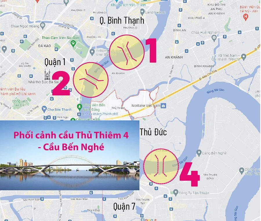 Vị trí cầu Thủ Thiêm 4 vượt sông Sài Gòn dự kiến. Đồ họa: THÙY TRANG