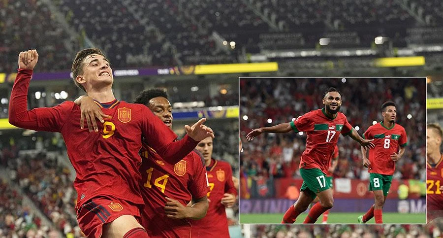 Gavi (bìa trái, ảnh lớn) tự tin với hành trình của Tây Ban Nha vào đến chung kết trong khi các cầu thủ Morocco (ảnh nhỏ) muốn thắng Tây Ban Nha để làm nên lịch sử. Ảnh: GETTY IMAGES