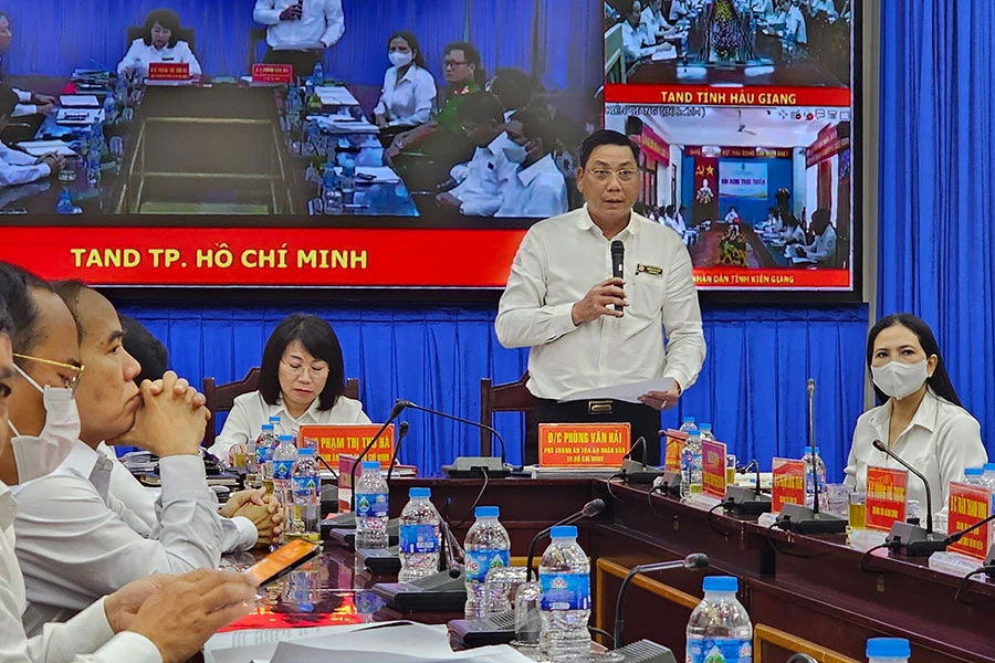 Ông Phùng Văn Hải, Phó Chánh án TAND TP.HCM, đặt câu hỏi tại hội nghị. Ảnh: SONG MAI