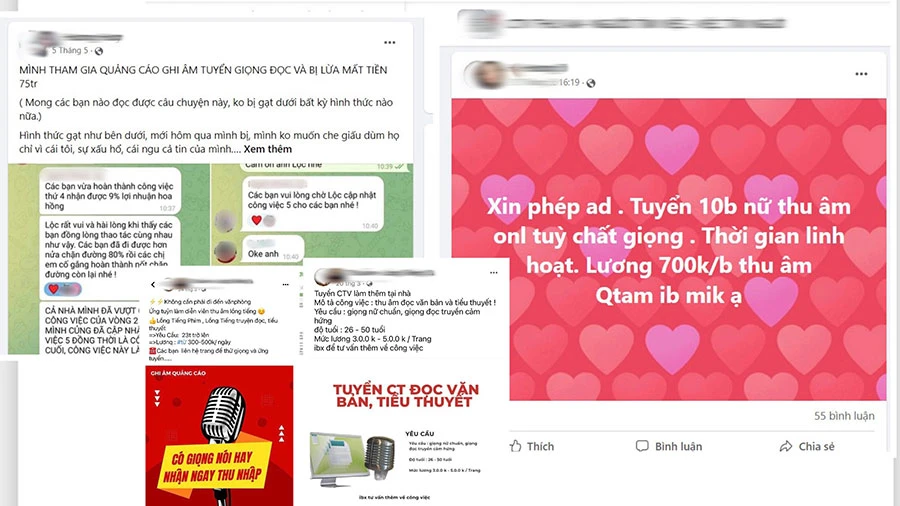 Tràn lan các tài khoản mạng xã hội, các trang, hội nhóm đăng tải tuyển dụng thu âm với thù lao hấp dẫn. Ảnh: TL