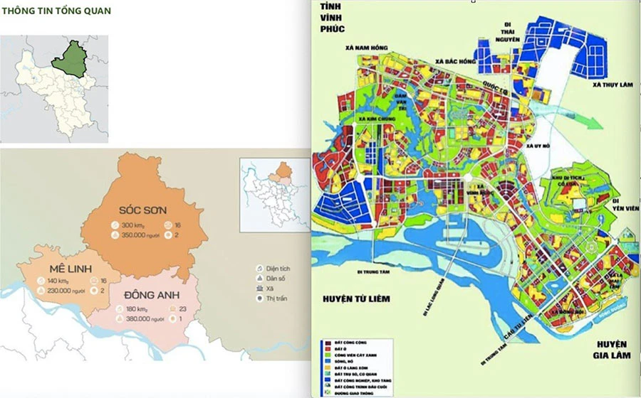 Ý tưởng quy hoạch TP phía bắc sông Hồng bao phủ địa giới hành chính ba huyện Mê Linh, Sóc Sơn, Đông Anh. (Ảnh do UBND huyện Mê Linh cung cấp)