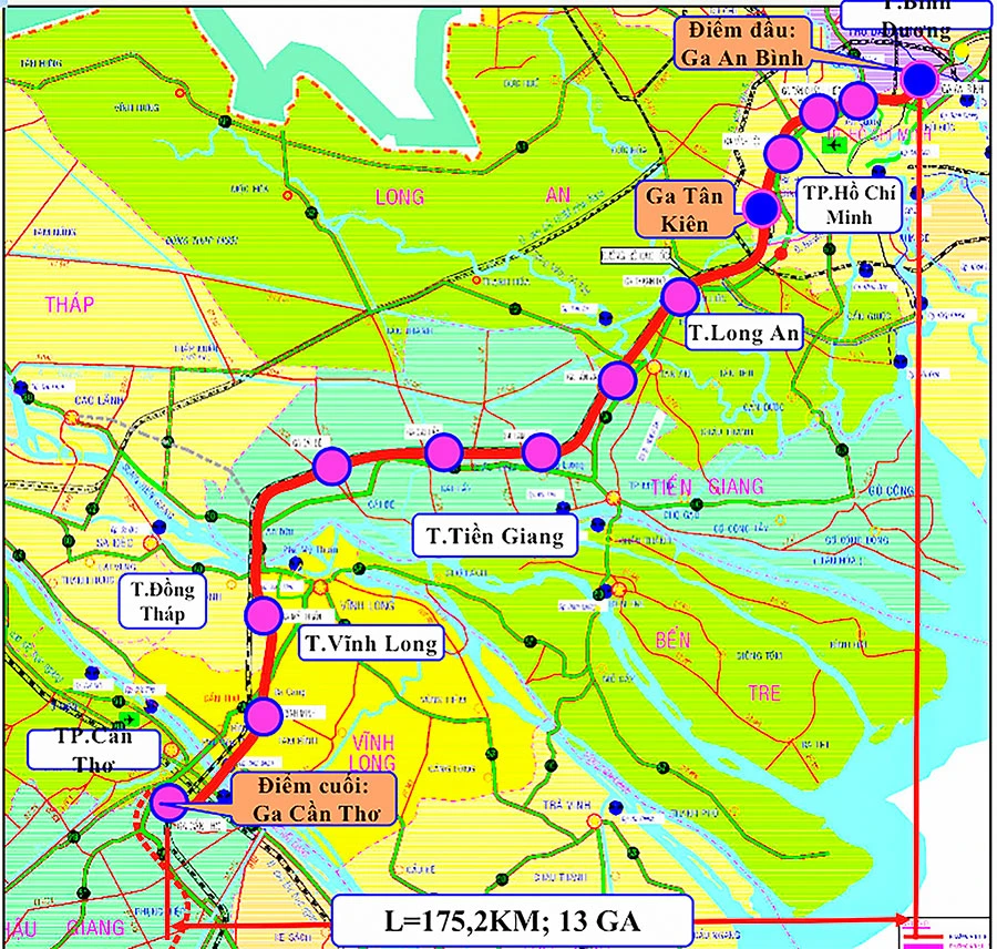 Đường sắt TP.HCM - Cần Thơ đi qua sáu tỉnh, thành: Bình Dương, TP.HCM, Long An, Tiền Giang, Vĩnh Long, Cần Thơ. Bản đồ: Sở GTVT TP.HCM