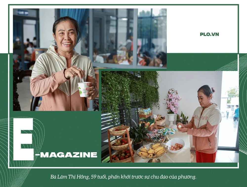 Bà Lâm Thị Hồng, 59 tuổi, phấn khởi trước sự chu đáo của phường.png