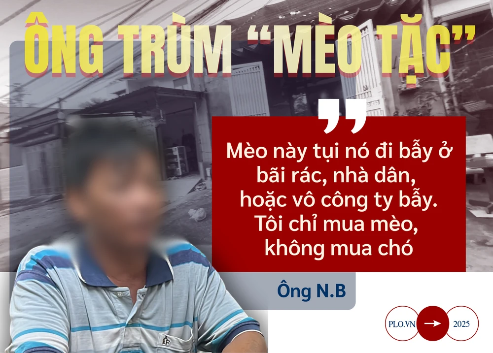 ẢNH GHÉP 10 - Hình ảnh cơ sở mèo tặc của ông N.B + chân dung ông N.B khi bị bắt + trích dẫn_ “Mèo này tụi nó đi bẫy ở bãi rác, nhà dân cho, hoặc vô công ty bẫy. Tôi chỉ mua mèo, không mua.png