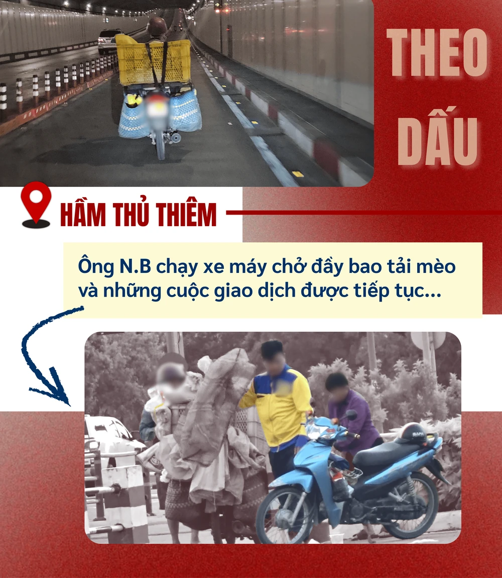 ẢNH GHÉP 8 - Ông Bình chạy xe máy (biển số được che kín) chở đầy bao tải mèo qua Hầm Thủ Thiêm và những cuộc giao dịch tiếp tục. + Kho tập kết của ông bình ở Thủ Đức (2 ảnh).png