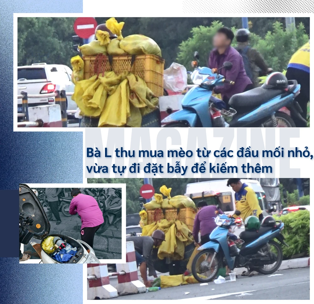 ẢNH GHÉP 4 - Hình ảnh bà Loan thu mua mèo từ các đầu mối nhỏ, vừa tự đi đặt bẫy để kiếm thêm.png