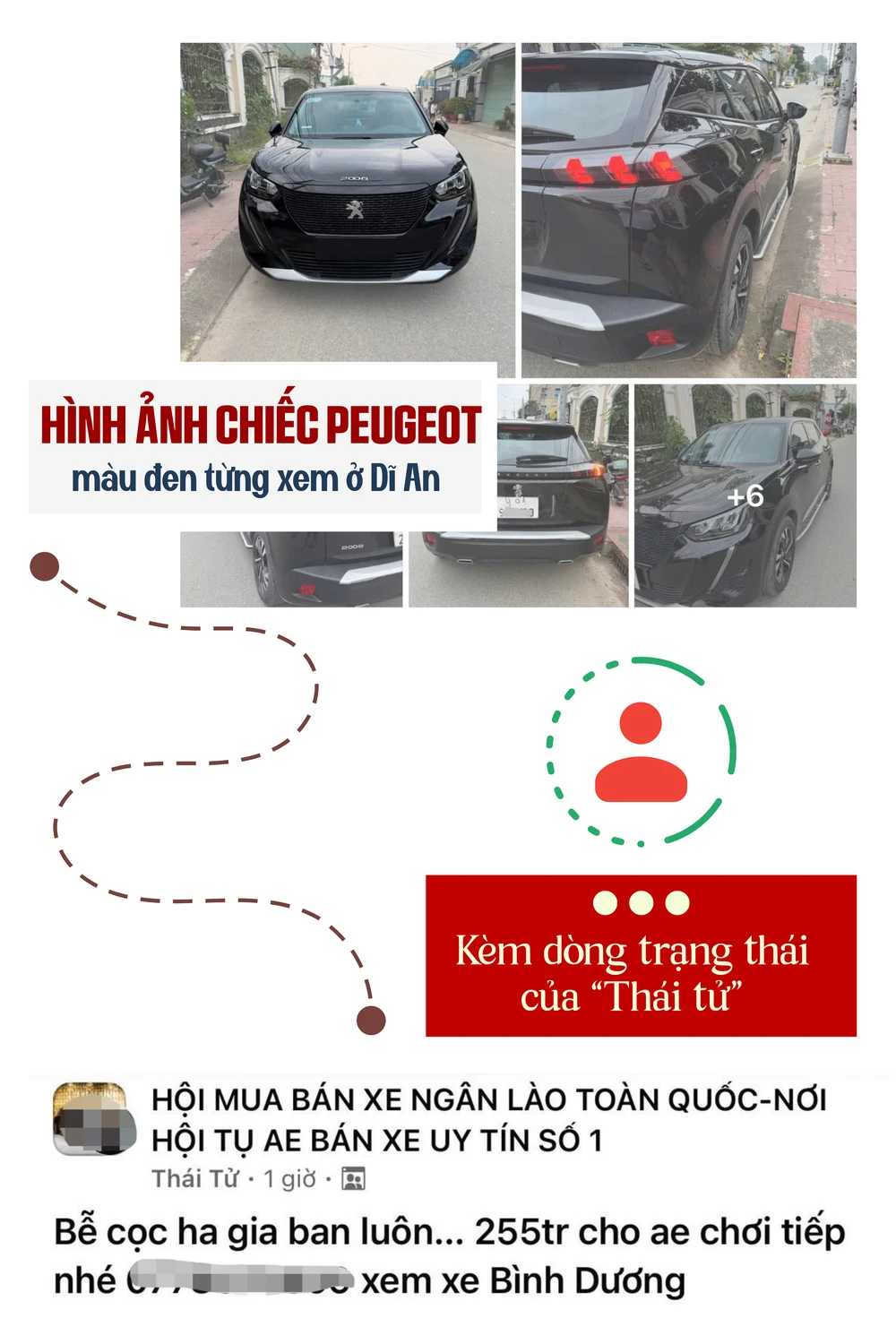 ẢNH GHÉP 9 - PV bắt gặp lại chính hình ảnh chiếc Peugeot 2008 màu đen từng xem ở Dĩ An. Lần này, kèm dòng trạng thái của “Thái tử”.png