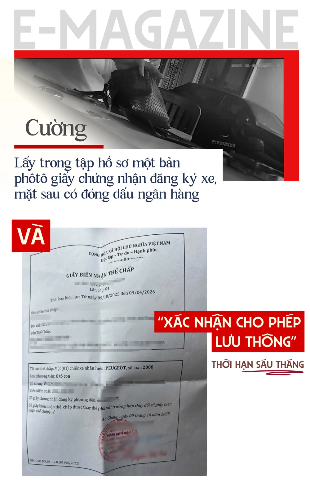 ẢNH GHÉP 4 - Cường lấy trong tập hồ sơ một bản phôtô giấy chứng nhận đăng ký xe, mặt sau có đóng dấu ngân hàng và một tờ _xác nhận cho phép lưu thông_ thời hạn sáu tháng (2 ảnh).png