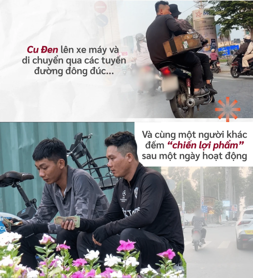 ẢNH GHÉP 11 - Sau khi lấy được tiền từ du khách, “Cu Đen” lên xe máy, nổ máy và di chuyển khỏi vỉa hè đường Nam Kỳ Khởi Nghĩa, len lỏi qua các tuyến đường đông đúc (1).png