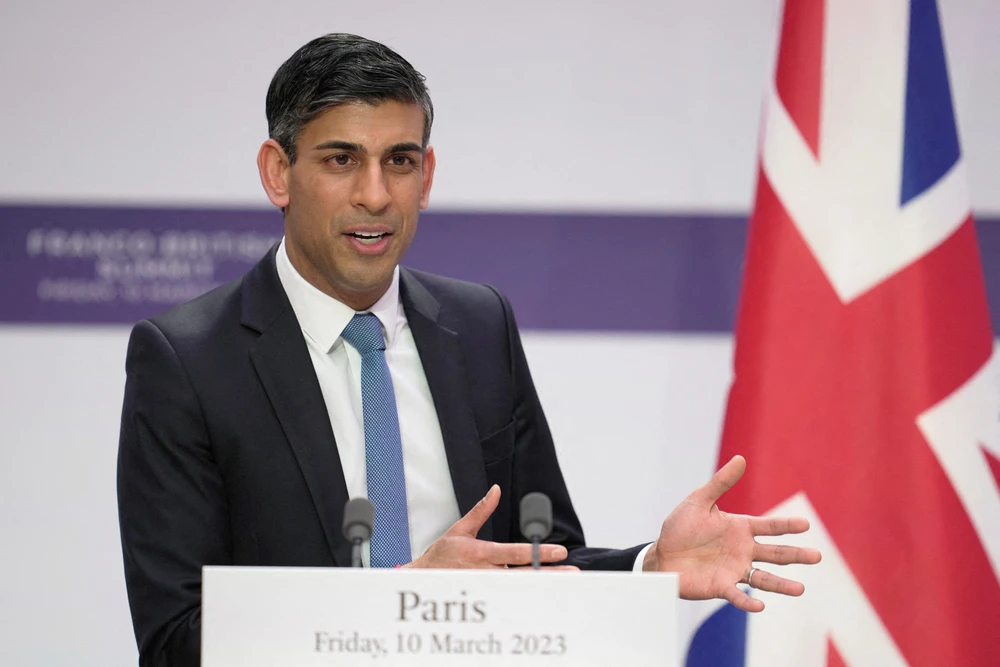 Britain's Prime Minister Rishi Sunak speaks during a news conference at the Elysee Palace in Paris