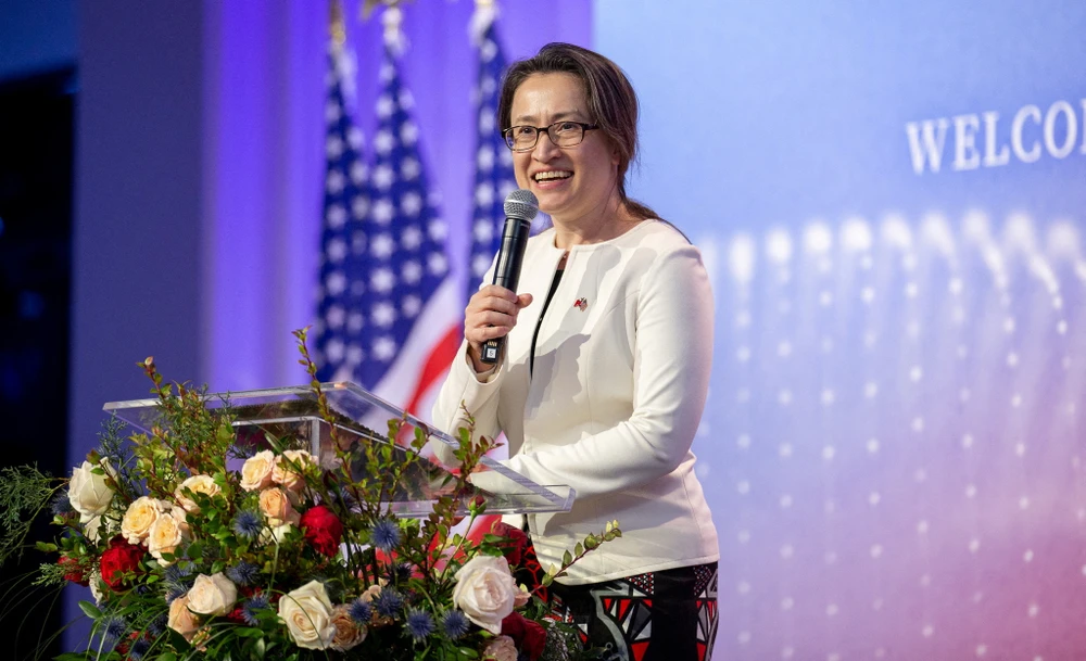 Hsiao Bi-khim, Taiwan's top representative in U.S., speaks during an event with Taiwan's President Tsai Ing-wen and members of the Taiwanese community, in New York