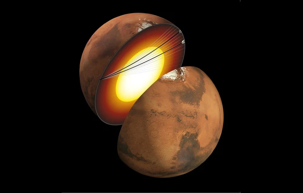 Hình ảnh minh họa lớp vật chất bên trong sao Hỏa và những con đường mà sóng địa chấn đi xuyên qua lõi của hành tinh. Ảnh: NASA