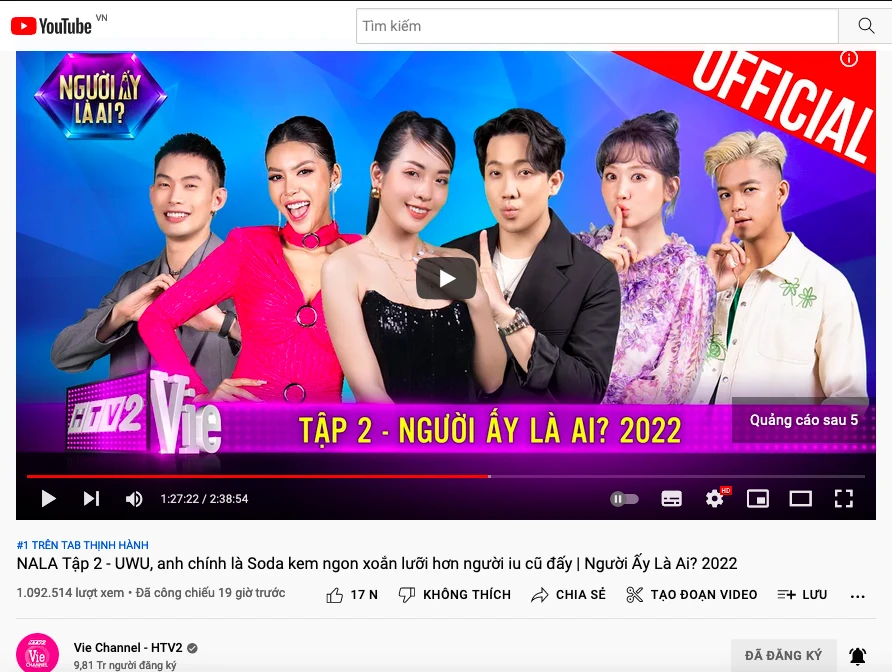 Tập 2 Người ấy là ai? 2022 leo đỉnh tốp 1 chỉ sau chưa đầy 24 tiếng phát sóng. Ảnh: CTCC